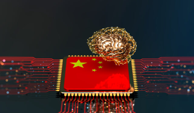 Artificial Intelligence concept brain and CPU with Chinese flag