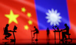 Illustration shows small figurines with computers, Chinese and Taiwanese flags