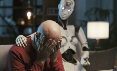 AI robot consoling a sad lonely man