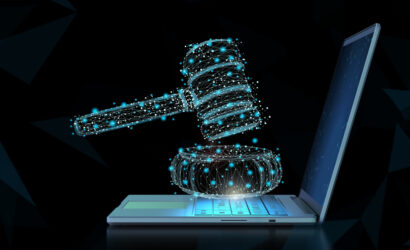 Internet law concept with 3d rendering computer notebook display gavel judge