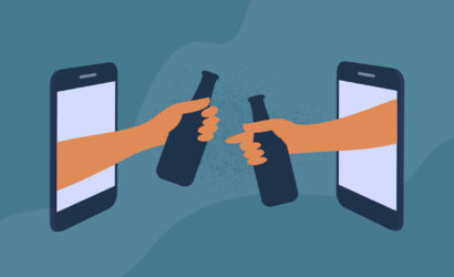 People drink beverages online holding bottles through smartphone screen
