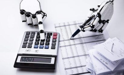 Robot Examining Financial Report With Calculator