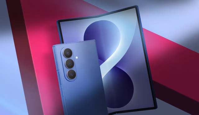 a-blue-samsung-galaxy-z-fold8-shown-open-and-closed-against-a-geometric-background