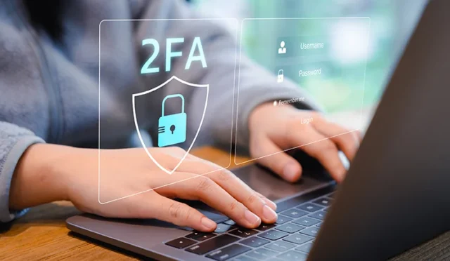 Two-Factor Authentication for Cyber Security. Person using a laptop with a digital screen displaying a shield icon and 2FA representing two-factor authentication and enhanced cyber security measures